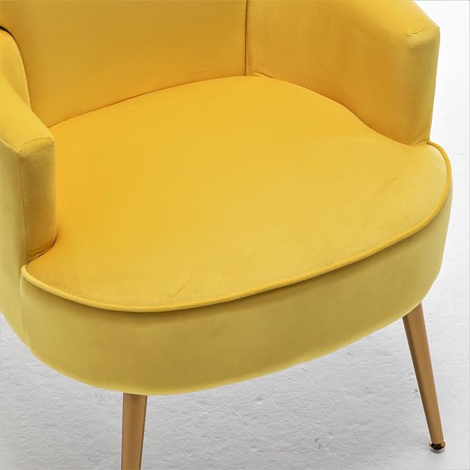 Trendy Velvet Accent Chair with Gold Metal Legs, Upholstered Armchair for Small to Mid-Size Spaces, Modern Living Room, Bedroom, Vanity Desk and Entryway, Yellow