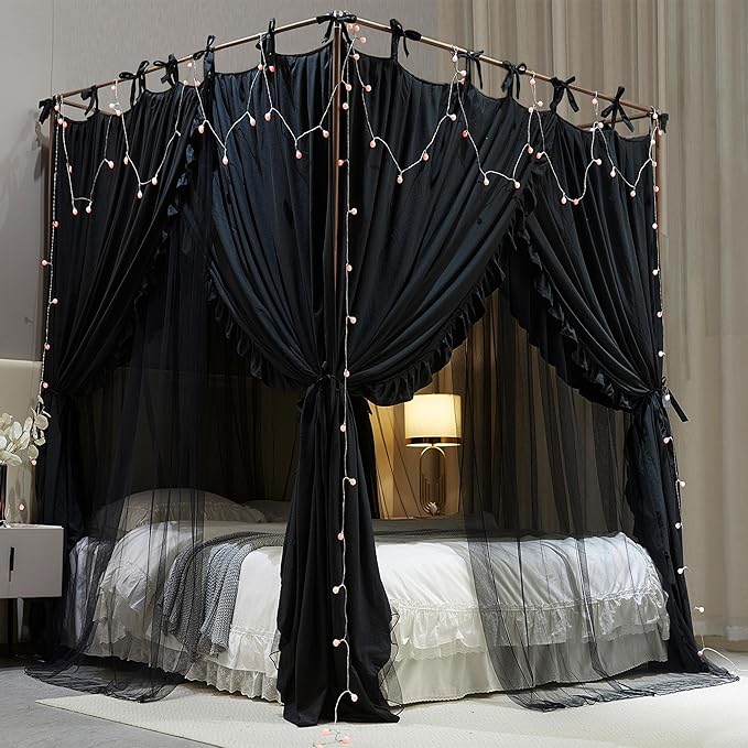 4 Corners Post Princess Curtain Bed Canopy Double Layer Cozy Mosquito Net Mesh and Cloth for Girls Adults Bedroom Decoration (Double-Black/Black, 78" W*86" L*82"*H/(King))