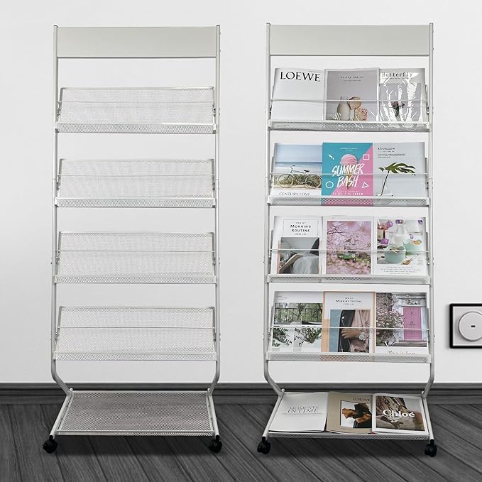 tongmo Floor-Standing Magazine Rack 4-Layer with Wheels, Brochure Display Stand, High-hardness metal for Exhibitions, Office, and Any Organization Requiring Information Display (White)