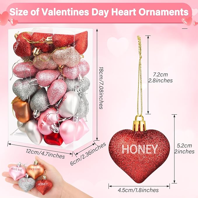 32PCS Valentines Tree Decorations Heart Ornaments, 8 Styles Valentines Day Heart Shaped Ornaments with Sweet Love Words Heart Baubles for Romantic Valentines Tree Decor Wedding Anniversary Decor