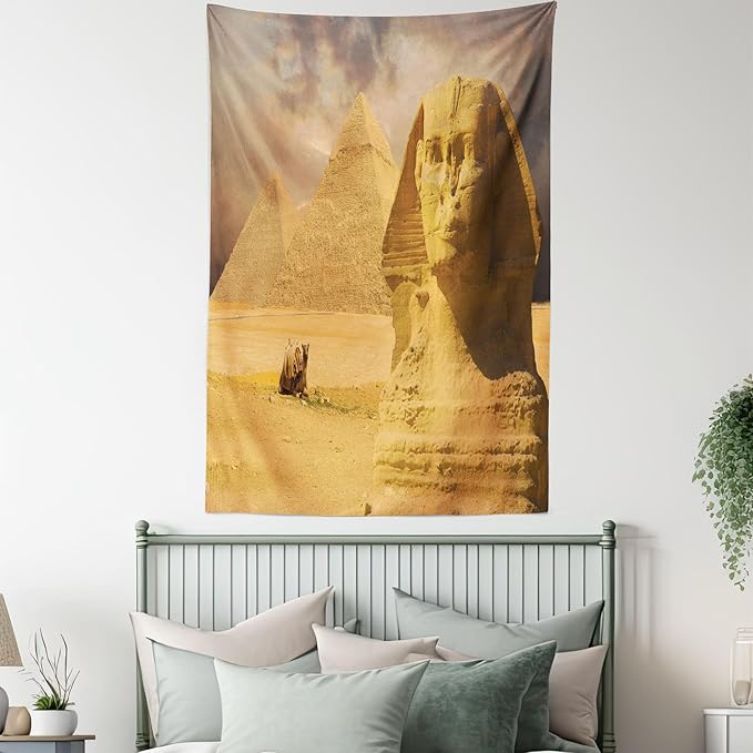 Ambesonne Egyptian Print Tapestry Twin Size, Sphinx Face Other Pyramids in Egypt Old Historical Monument, Wall Hanging Bedspread Bed Cover Wall Decor, 68" X 88", Amber Sand Brown