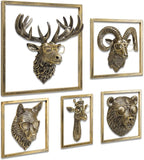 JJALIGHTS Animal Heads Wall Decor Resin Animals Sculptures Head Wall Hanging Decoration Imitation Copper vintage Wall Sculpture for Living Room Bedroom Office(5pcs,Includes Metal Frame)