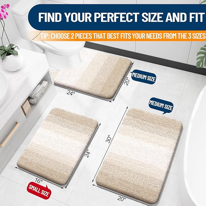 OLANLY Bathroom Rug Set 2 Piece, Soft Absorbent Microfiber Bath Mats and U-Shaped Contour Toilet Rug, Non-Slip, Machine Wash Dry, Plush Shaggy Bath Mats for Bathroom (30"x20"+24"x20", Light Beige)