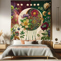 Ambesonne Moon Tapestry Queen Size, Abstract Blooming Gentle Leafy Flowers with Lunar Phase Ethno Details, Wall Hanging Bedspread Bed Cover Wall Decor, 88" X 88", Fern Green Eggshell Lilac
