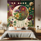 Ambesonne Moon Tapestry Queen Size, Abstract Blooming Gentle Leafy Flowers with Lunar Phase Ethno Details, Wall Hanging Bedspread Bed Cover Wall Decor, 88" X 88", Fern Green Eggshell Lilac