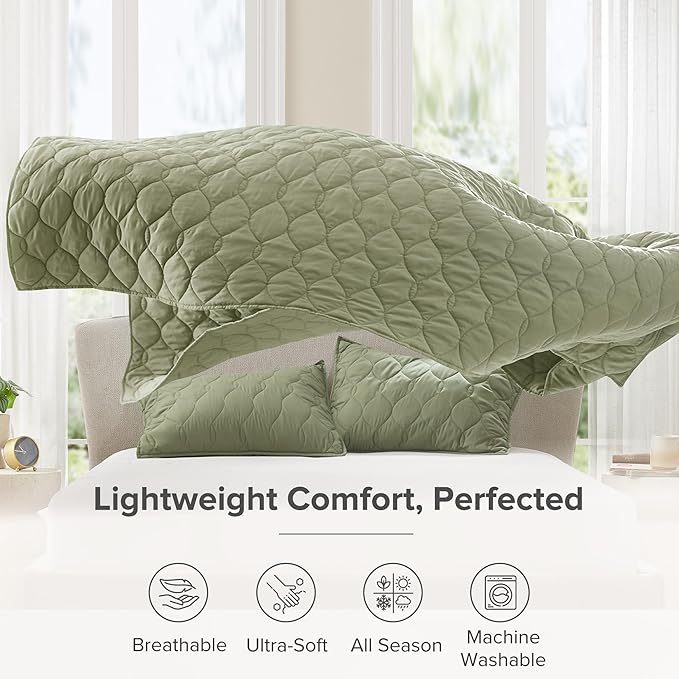 Comfort Spaces Twin Quilt Set Modern Reversible Ogee Coverlet Twin Bedding Set Cozy Quilted Winter Layer, All Season Lightweight Soft Twin Size Quilt, Kienna, Twin/Twin XL Olive Green 2 Piece