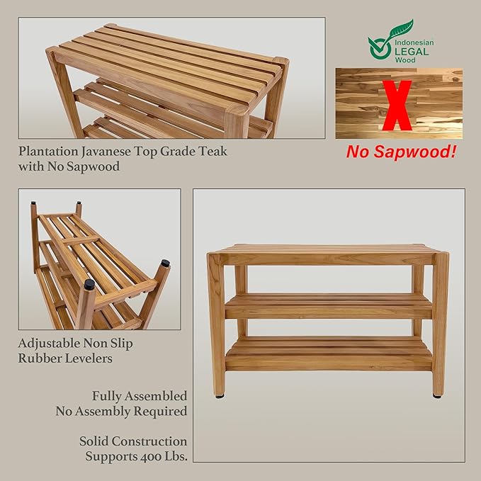Asta Select Solid Teak 27" Shoe Rack Bench, Teak Entryway Bench, 3-Tier Shoe Storage Organizer, for Entryway, Bedroom, Bathroom and Garden, Fully Assembled, TF-91