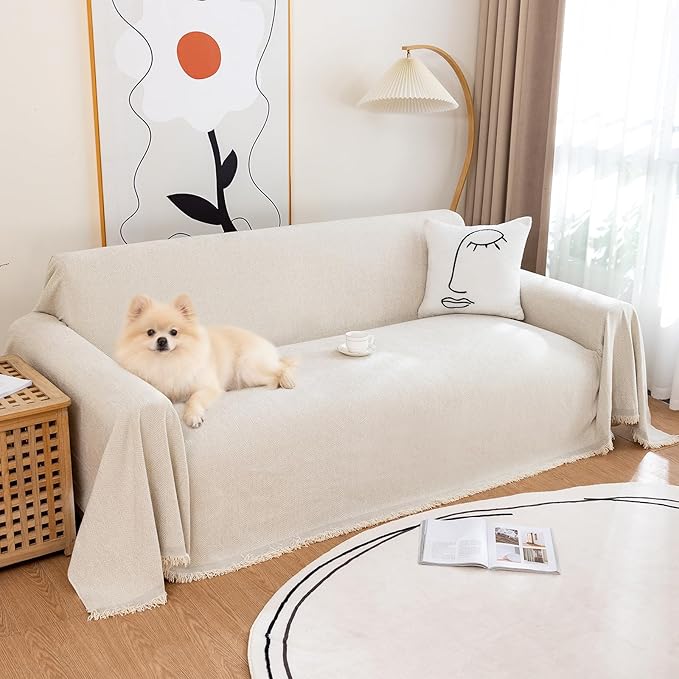 Couch Cover for Dogs, Non Slip Sofa Cover, Washable Couch Covers, 2 Cushion Sofa for Dogs Furniture Protector with Tassels Chenille Sofa Covers for Pets (Tassel Beige, 71" x 118")