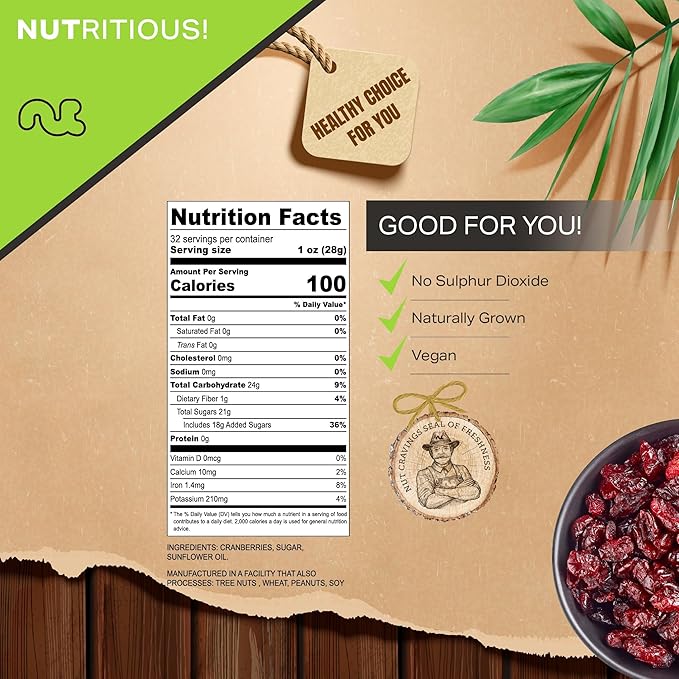 NUT CRAVINGS - Dried Whole Cranberries, Lightly Sweetened, Unsulphured (32oz, 2 LB) Tu Bishvat Favorite - Sweet Healthy Snack, Vegan, Kosher, Resealable Bag
