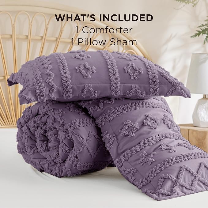 Bedsure Tufted Boho Comforter Set Twin Size - Grayish Purple Boho Bed Set, GentleSoft™ 2 Pieces Farmhouse Shabby Chic Embroidery Bedding, Gifts for Woman, Soft Jacquard Twin Comforter for All Seasons