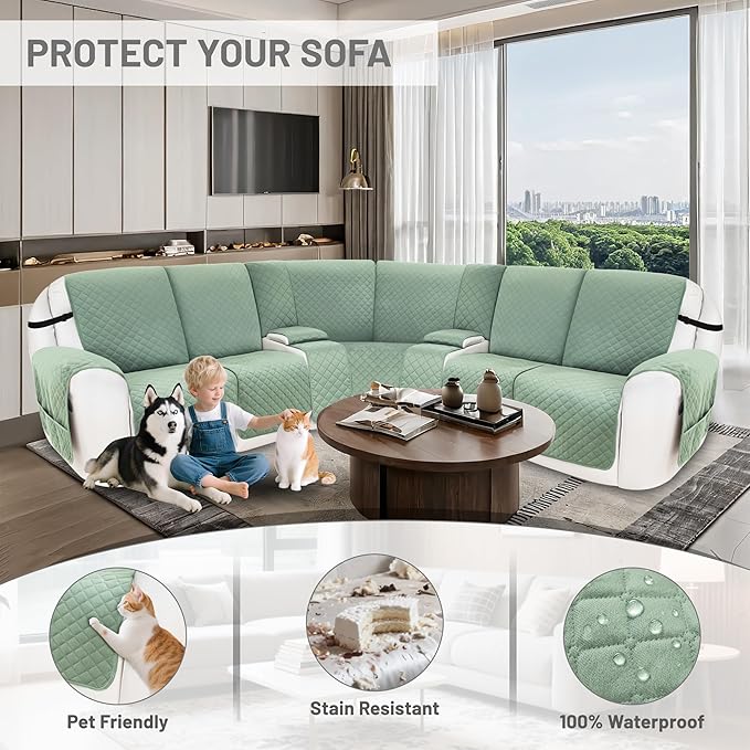Reclining Sectional Couch Covers 100% Waterproof Velvet L Shape Recliner Couch Covers for Sofa Pets Washable Anti Slip Recliner Slipcovers with Pockets (5 Seat Sofa with 2 Console, Sage Green)