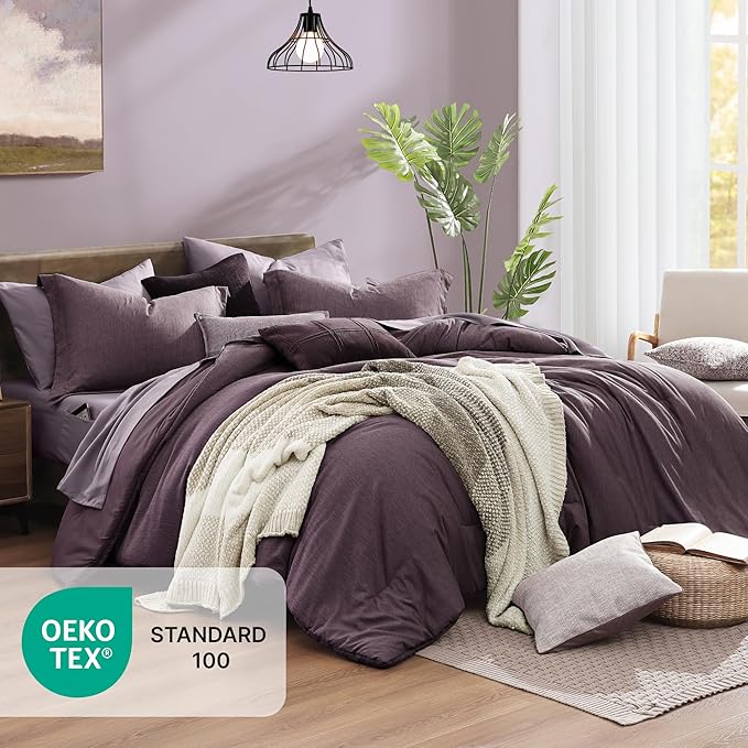 Monbix California King Comforter Set - 7 Pieces Cationic Dyeing Italian Plum Bed in a Bag Cal King Bed Sets with Comforter, Sheets, Pillowcases & Shams, Reversible Bedding Comforters Sets