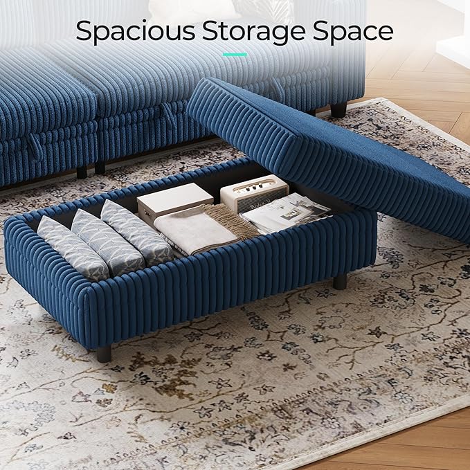 LINSY HOME Sectional Sleeper Sofa Storage Ottoman Bench, Convertible Coffee Table Plush Corduroy Couch Ottoman Footstool for Living Room, Bedroom Entryway and Family Room, Blue