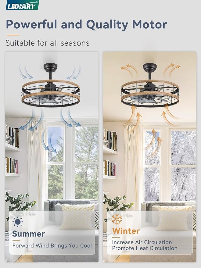 LEDIARY 22 inch Caged Ceiling Fan with Light, Fandelier Industrial Ceiling Fan with Remote, Farmhouse Fan Lights Ceiling Fixtures for Kitchen, Bedroom, Outdoor（6 Speed, Timing）-Brown