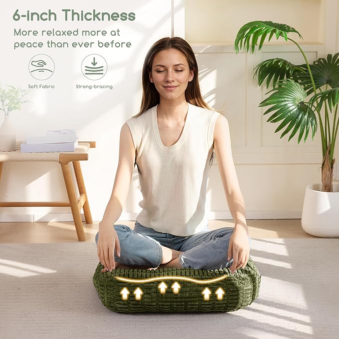 6" Washable Floor Pillow Cushion for Adults, Meditation Cushion Pillow, Removable Tufted Blended Corduroy Cover, Large Square Floor Sitting for Tatami Living Room or Yoga, 22x22 Inch, Machine Washable