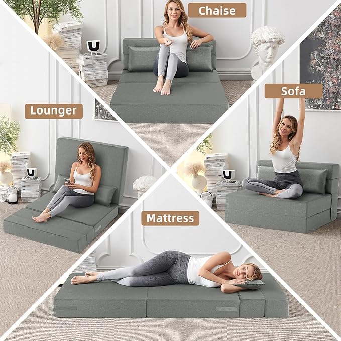 FILUXE Convertible Folding Sofa Bed - Sleeper Chair with Pillow, Modern Linen Fabric Floor & Futon Couch, Foldable Mattress for Living Room/Dorm/Guest/Home Office/Apartment, Standard Size, Light Gray