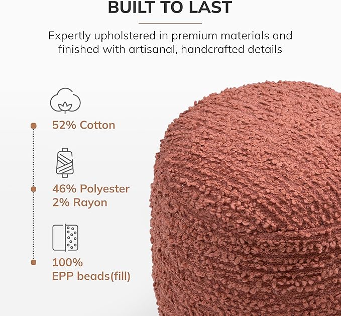 Anji Mountain 100% Handmade & Handcrafted Comfortable Home Décor Pouf Ottoman Footrest for Living Room, Bedroom, Nursery, Kidsroom, Patio Furniture - (22" x 22" x 17" - Terracotta)