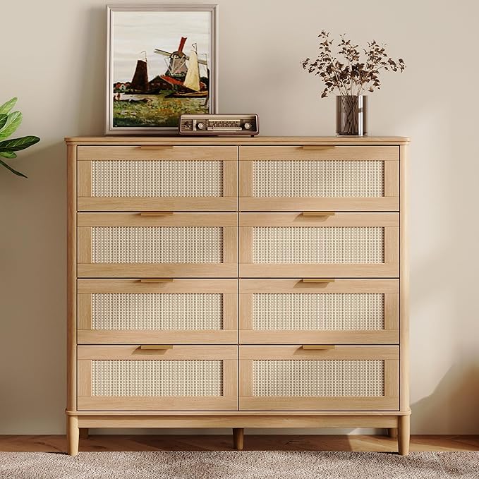 LINSY HOME Rattan Dresser with 8 Deep Drawers, 54" Wide Long Chest of Drawers, Mid Century Modern Tall Dresser, Large Wood Boho Storage Cabinet for Bedroom with Metal Handle and Durable Legs, Oak