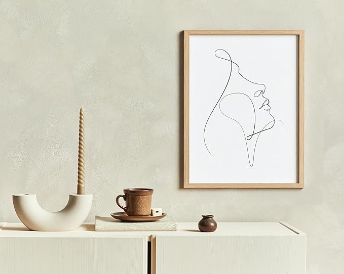 Minimalist Woman Profile Wall Art Upward Gaze Continuous Line Drawing Feminine Face 11x14 Inch Oak Wood Beige Framed Modern Aesthetic Print for Living Room