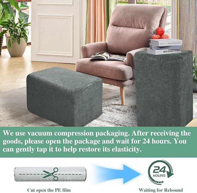 Rectangular Stuffed Pouf Ottoman with Foam Chunk Filling, Furry Fabric Design, Multi-Functional Floor Pouf for Living Room, Dark Grey