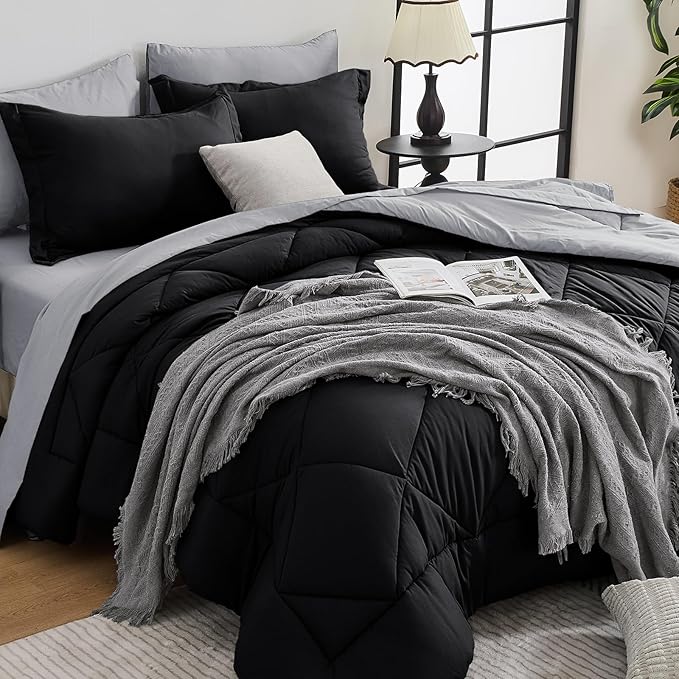 HEVUMYI Full Comforter Set - 7-Piece All Season Bed in a Bag Full, Ultra Soft Bedding Set with Comforter, Flat Sheet, Fitted Sheet, Pillowcases, Pillow Shams, Black & Light Grey