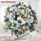 24 Inch Spring Wreaths for Front Door, Spring Wreath,Blue Hydrangea Wreath,Large Spring Summer Door Wreaths for Front Door Outside All Season Home Decor (Blue)