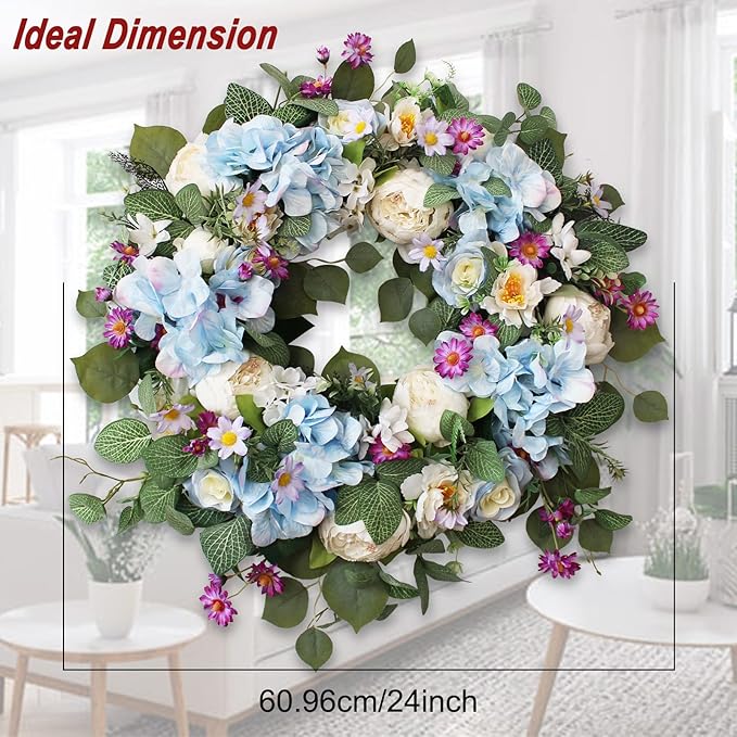 24 Inch Spring Wreaths for Front Door, Spring Wreath,Blue Hydrangea Wreath,Large Spring Summer Door Wreaths for Front Door Outside All Season Home Decor (Blue)