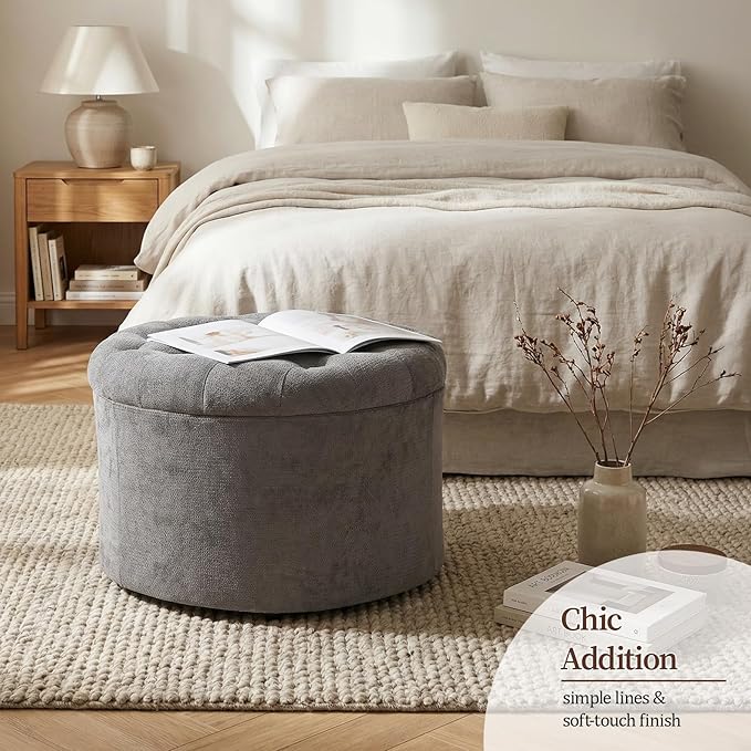 ONBRILL 25" Ottoman with Storage, Round Pouf Ottoman Foot Rest, Small Storage Foot Stool for Couch Bedroom Living Room, Books, Blankets & Kid's Toy Box, Load up to 220 lbs, Grey
