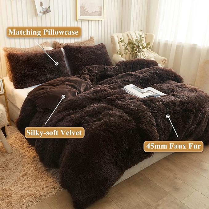 XeGe Plush Shaggy Brown Duvet Cover Set, Luxury Ultra Soft Velvet Fluffy Bedding Sets 3 Pieces(1 Furry Faux Fur Comforter Cover + 2 Fuzzy Faux Fur Pillowcases), Zipper Closure(King, Coffee)
