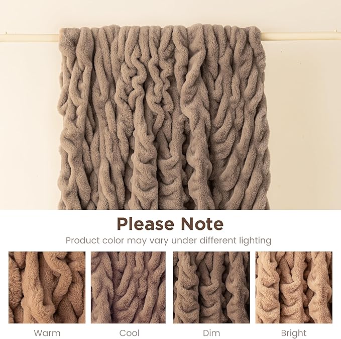 Sophia & William Ruched Faux Fur Throw Blanket Bed Blanket - Luxury Lightweight Plush Fuzzy Cozy Soft Blankets, Brown, 60" x 80"