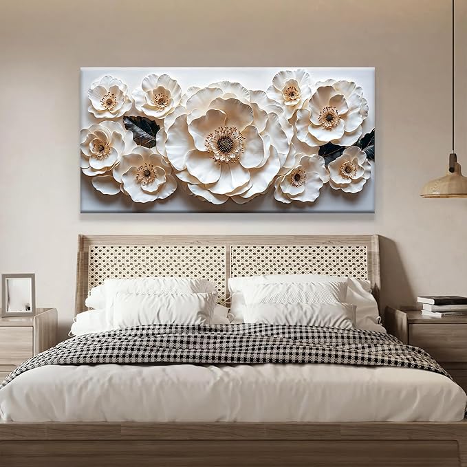 Floral Wall Art For Living Room Modern White Wall Decor Prints Artwork Canvas Art Wall Decor Painting White Flower Wall Art Picture For Bedroom Apartment Home Artwork 24 X 48 Inch