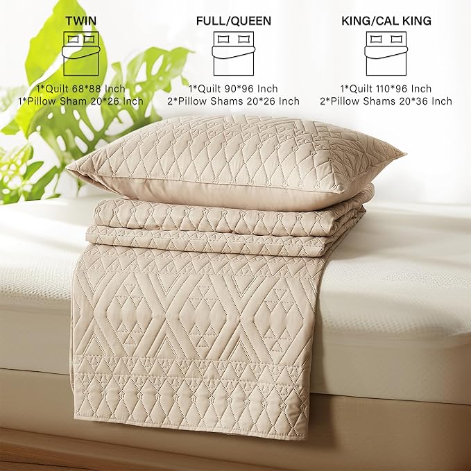 akkialla Twin Size Quilt Bedding Set,Beige Lightweight Microfiber Soft Bedspreads,Modern Style Geoetric Pattern Coverlet Set for All Seasons,2 Piece(1 Quilt,1Pillow Sham)