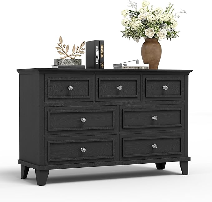 GarveeHome Black Dresser for Bedroom, 7 Drawer Dresser, Wooden Chest of Drawers with Deep Drawers, 47 in Long Dressers TV Stand, Modern Dressers Organizer with Vintage Handle for Living Room, Hallway