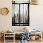 Ambesonne City Tapestry Twin Size, Philadelphia City Rooftop View Through Window Skyline Landmark Rooftop Travel, Wall Hanging Bedspread Bed Cover Wall Decor, 68" X 88", Grey Black