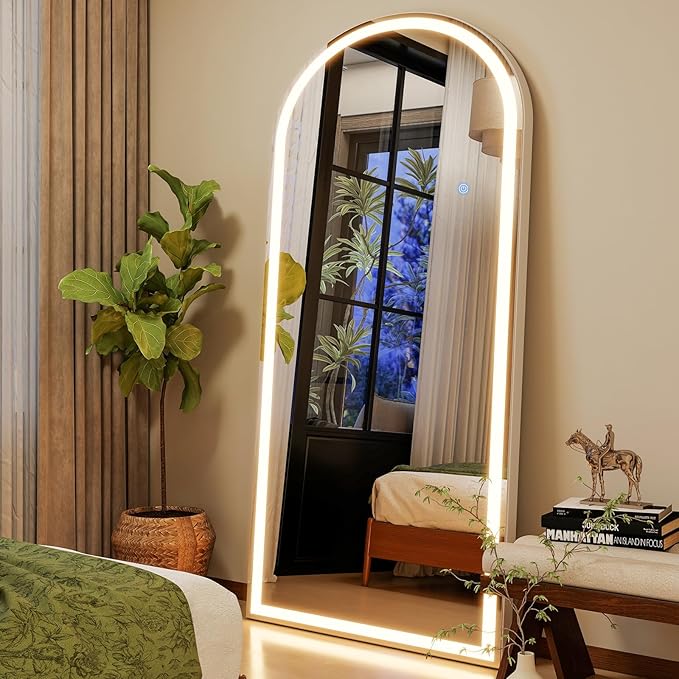 GLSLAND 26"x68" Arched LED Full Length Mirror with Lights Wall Mounted/Standing, Dimmable Floor Lighted Mirrors W/Anti-Fog, Touch Control for Bedroom, Dressing Room