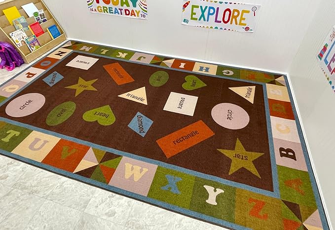 KIDCARPET.COM Shapes & Alphabets - Earth Tone Rectangle Classroom Rug | Bordered Area Rug for Preschool Daycare Learning, 7'6" x 12'