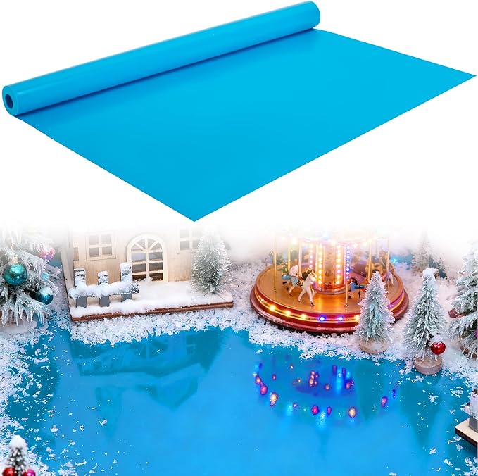 Wehhbtye 59'' x 15.7'' Christmas Village Ocean Display Mat, Christmas Village Miniature Ocean Mat, Xmas Villages PVC Pad Decoration for Holiday Mini Landscape Scene Accessories (Light Blue)