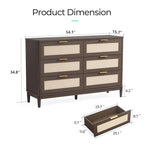 LINSY HOME Rattan Dresser with 6 Deep Drawers, 47" Wide Long Chest of Drawers, Mid Century Modern Tall Dresser, Large Wood Boho Storage Cabinet for Bedroom with Metal Handle and Durable Legs, Walnut