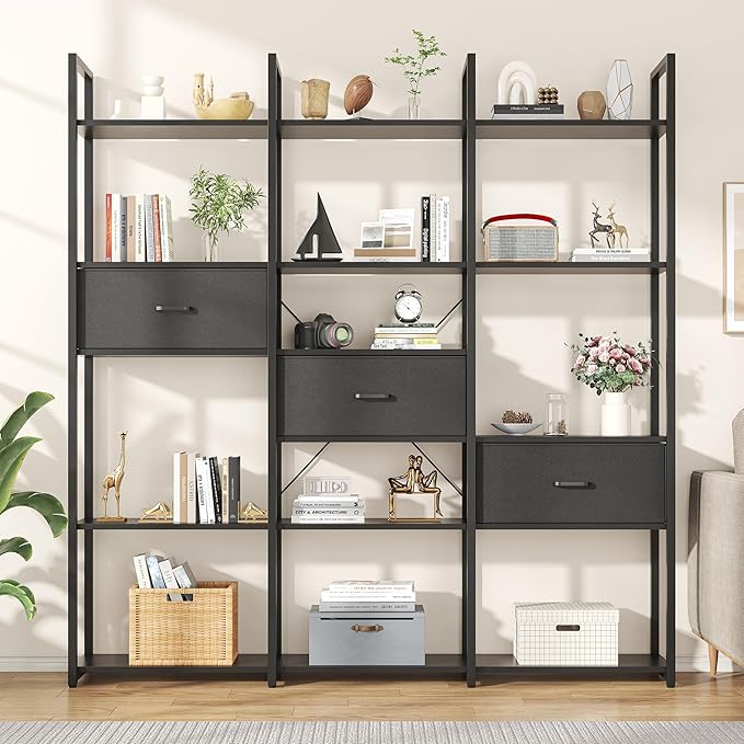 Semoic Triple Wide 6 Tiers Industrial Book shelf with 3 Drawers and Storage Shelves, 73.6" Tall Bookcase with 16 Open Display Shelves, Large Etagere Bookshelf with Metal Frame for Home & Office, Black