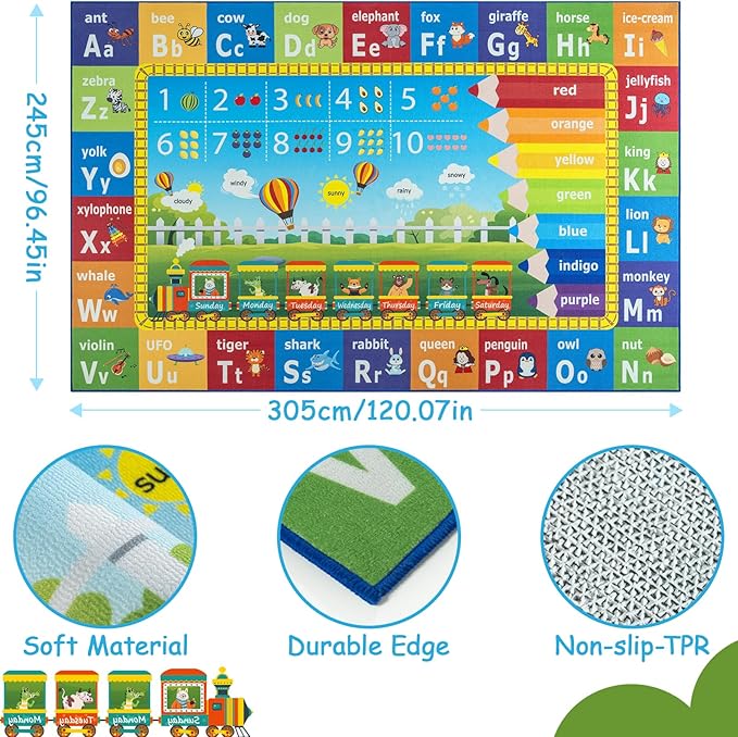 Unirea 8x10 Kids Rug for Playroom Classroom Bedroom, Washable Educational Play Mat with ABC Alphabet, Numbers, Animals for Living Room, Nursery, Colorful Learning Carpet for Toddlers, Rainbow