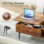 OLIXIS Wooden Coffee Table, Lift Top Coffee Table with Large Hidden Compartment and Ample Storage Shelf, Lift Tabletop Dining Table for Living Room, Home Small Space, Rustic