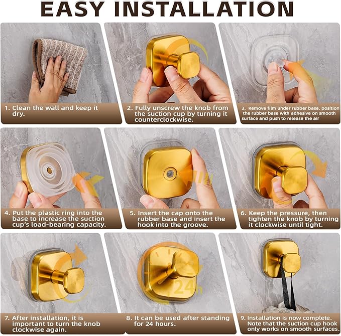 Heavy Duty Reusable Suction Cup Hooks for Kitchen/Bathroom/Shower - Wet-Proof Hooks for Towels, Robes, Loofah&Wreaths/No Drill Mounting on Glass, Tile, Metal (2, Brushed Gold)
