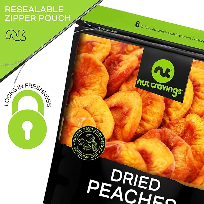 NUT CRAVINGS - Dried California Peaches, No Sugar Added, Unsweetened (8oz, 1 Pack) Tu Bishvat Favorite - Sweet Healthy Snack, Vegan, Kosher, Resealable Bag