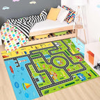 Kids Rug Playroom Car Rug Play Mat City Life Road Rugs Fun City Map Carpet for Bedroom(Green-Rug, 3.3x4.9ft)