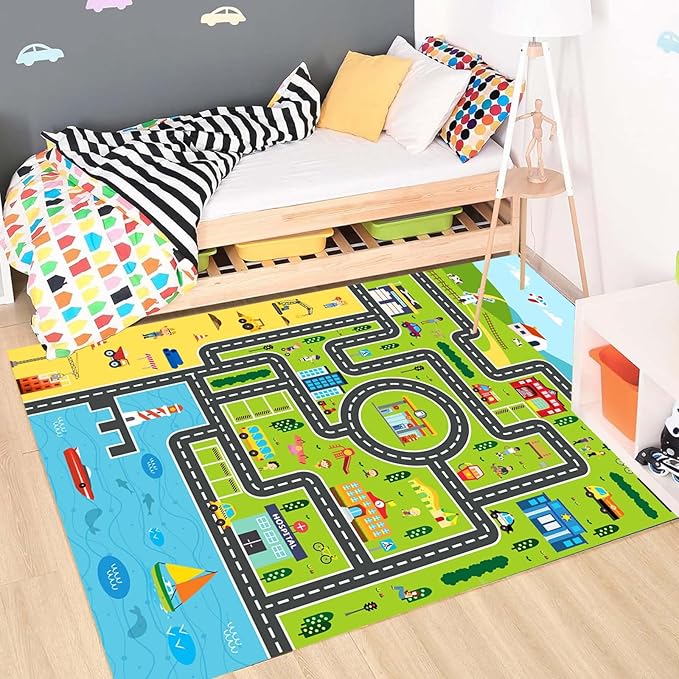 Kids Rug Playroom Car Rug Play Mat City Life Road Rugs Fun City Map Carpet for Bedroom(Green-Rug, 3.3x4.9ft)