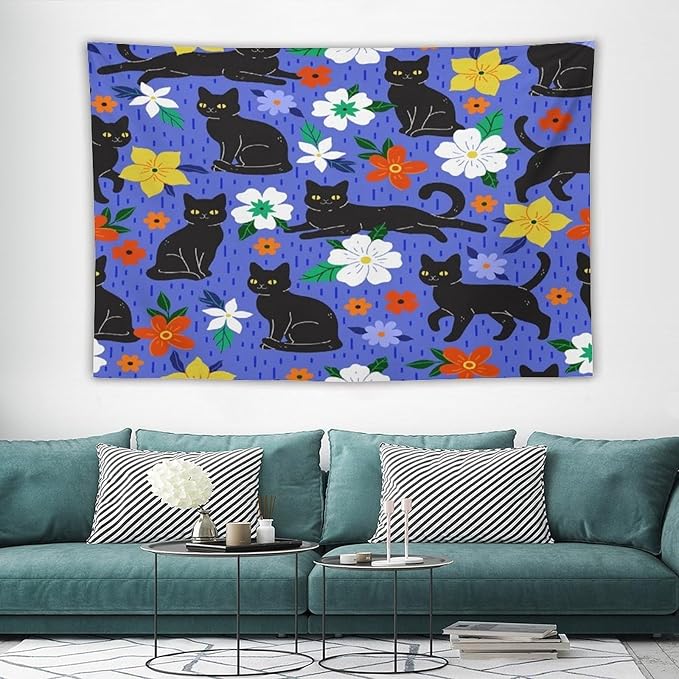 VUMIVI Black Cat Floral Tapestry Red White Hand-Painted Flowers Cute Animals Kids' Doodles Tapestry Wall Hanging for Living Room Bedroom Dorm Classroom Aesthetic Decor W90xL60in