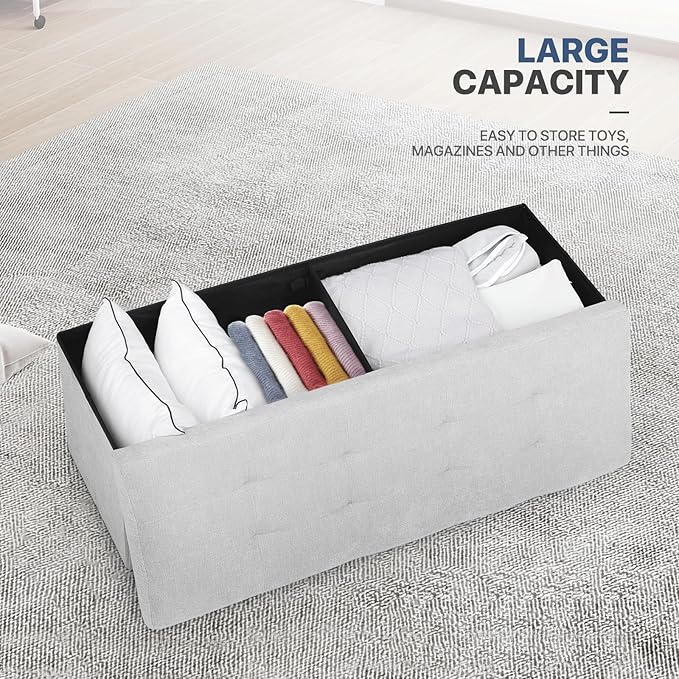 MoNiBloom 43 Inch Folding Storage Ottoman Bench, Linen Fabric Ottoman Footrest, Storage Chest, Padded Seat, End of Bed Bench for Living Room, Bedroom, Entryway, Light Gray