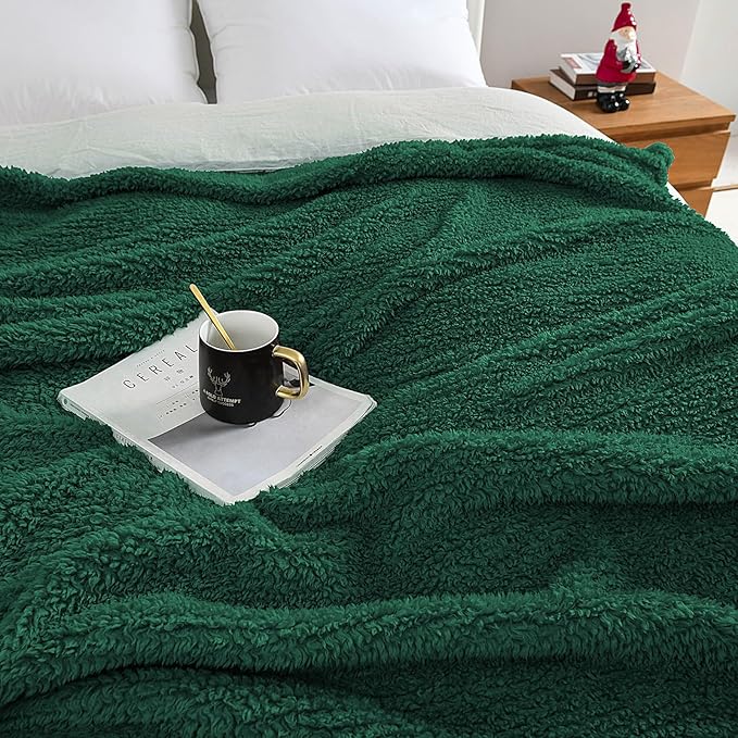 HORIMOTE HOME Ultra Soft Sherpa Throw Blanket with Pompom Fringe, Lightweight Plush Boho Throw Blanket for Couch, Sofa, Bedroom,Travel, Christmas Decor, Warm Blanket for Winter, 60"x80", Green