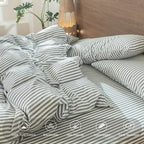 MooMee Striped Duvet Cover Set 100% Washed Cotton Linen Like Textured Breathable Durable Soft Comfy (Heathered Green Classic Stripes, Super King 108"x98")