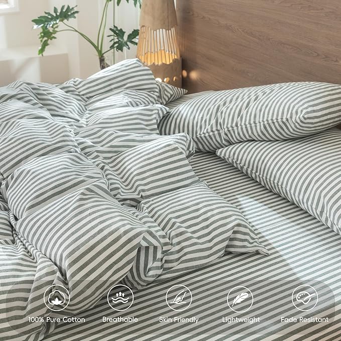 MooMee Striped Duvet Cover Set 100% Washed Cotton Linen Like Textured Breathable Durable Soft Comfy (Heathered Green Classic Stripes, Oversized Full 82"x86")